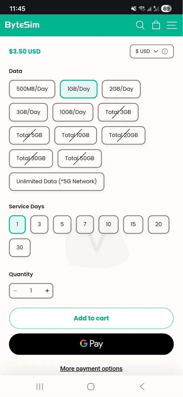 Proces nákupu ByteSIM 1