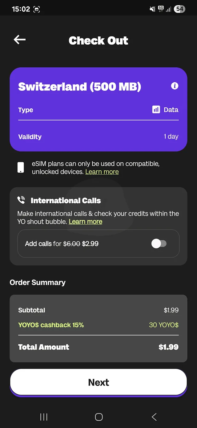Proces nákupu Global YO eSIM 4
