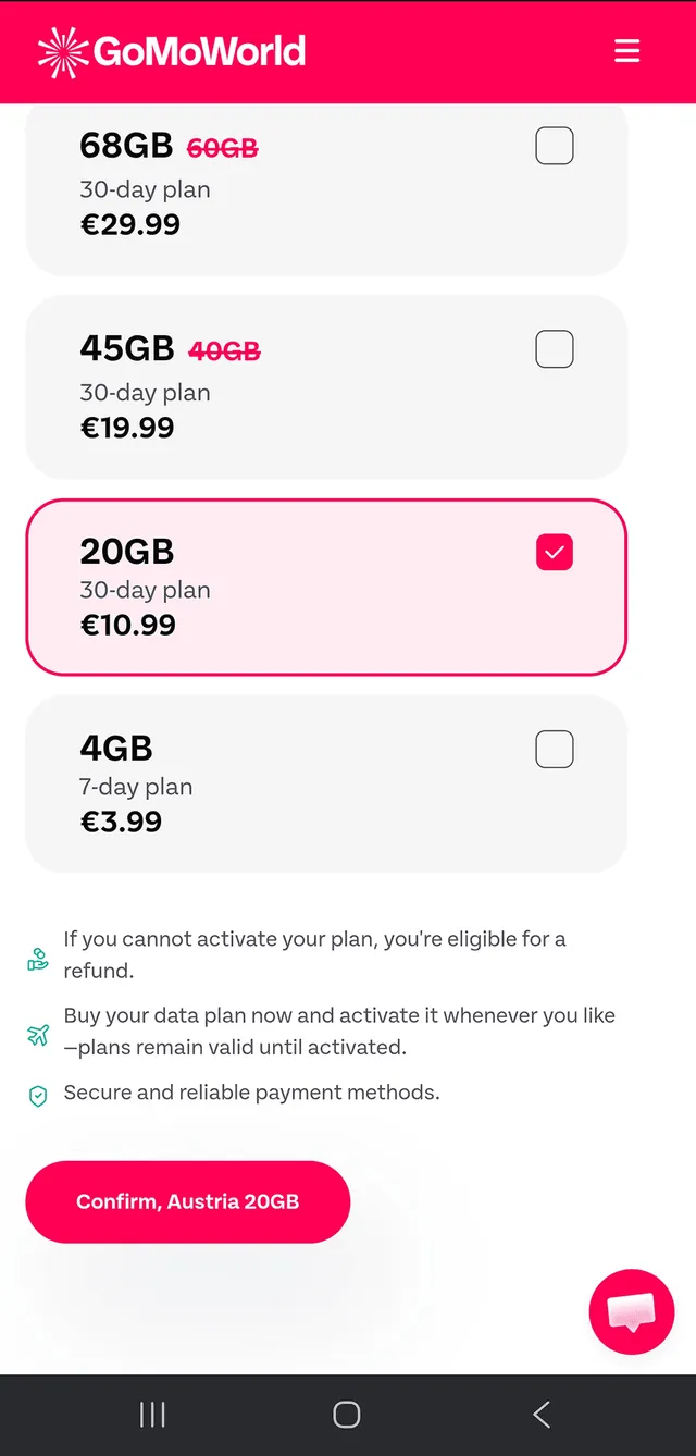 GoMoWorld eSIM purchase process step 1