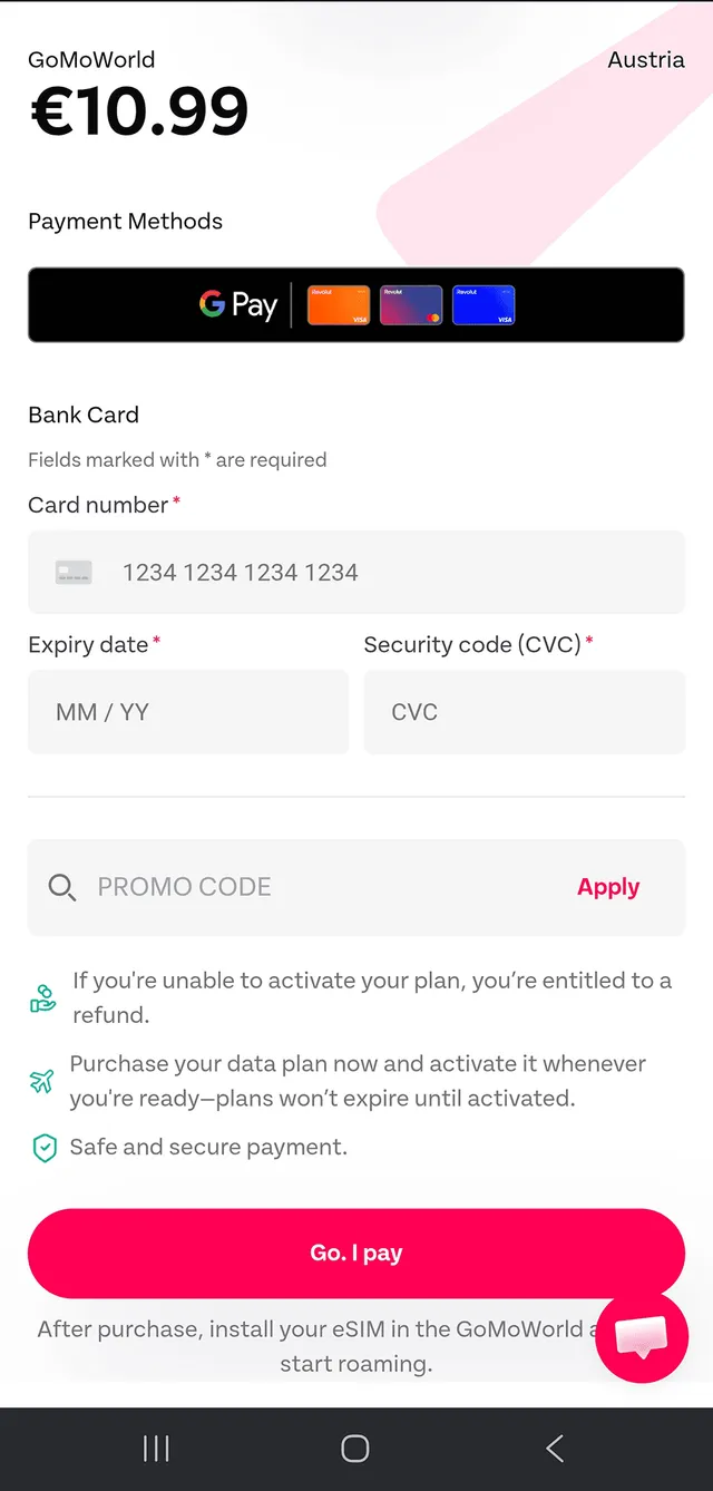 GoMoWorld eSIM purchase process step 3