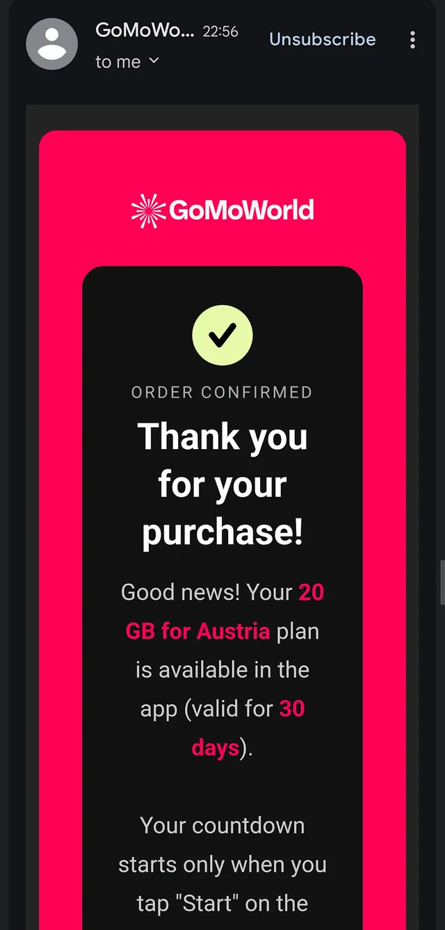 GoMoWorld eSIM purchase process step 4