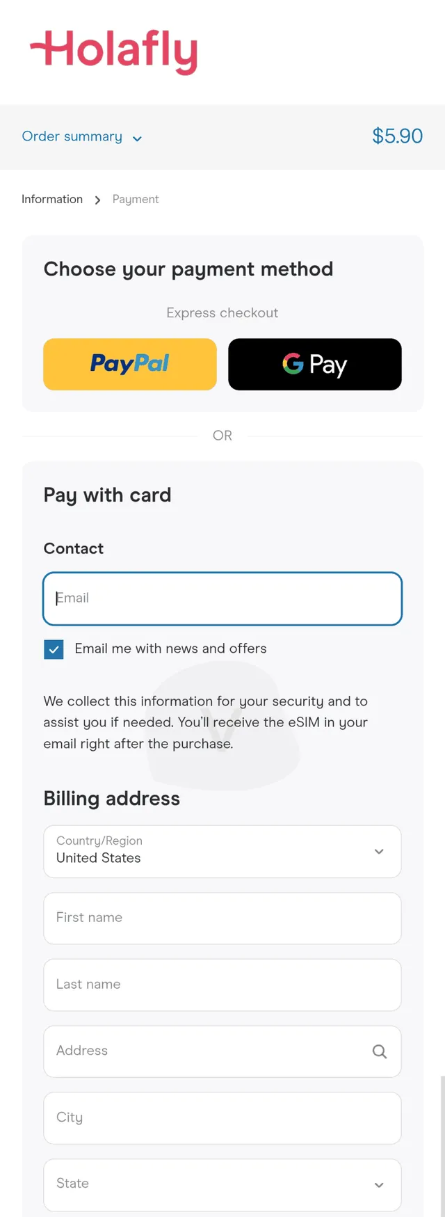 Holafly eSIM purchase process
