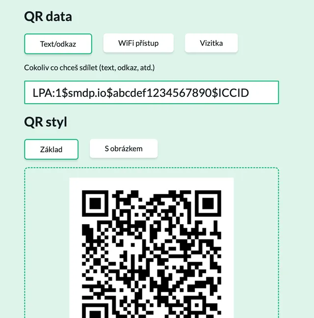 Ukázka vygenerovaného QR kódu pro aktivaci eSIM - hotový QR kód připravený k naskenování pro instalaci virtuální SIM karty