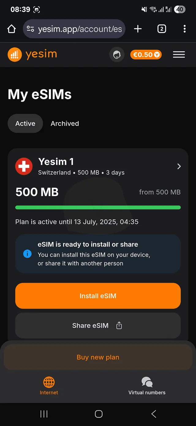 Instalace Yesim eSIM - QR kód