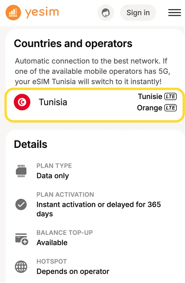 Wybór operatorów eSIM4Travel w Tunezji