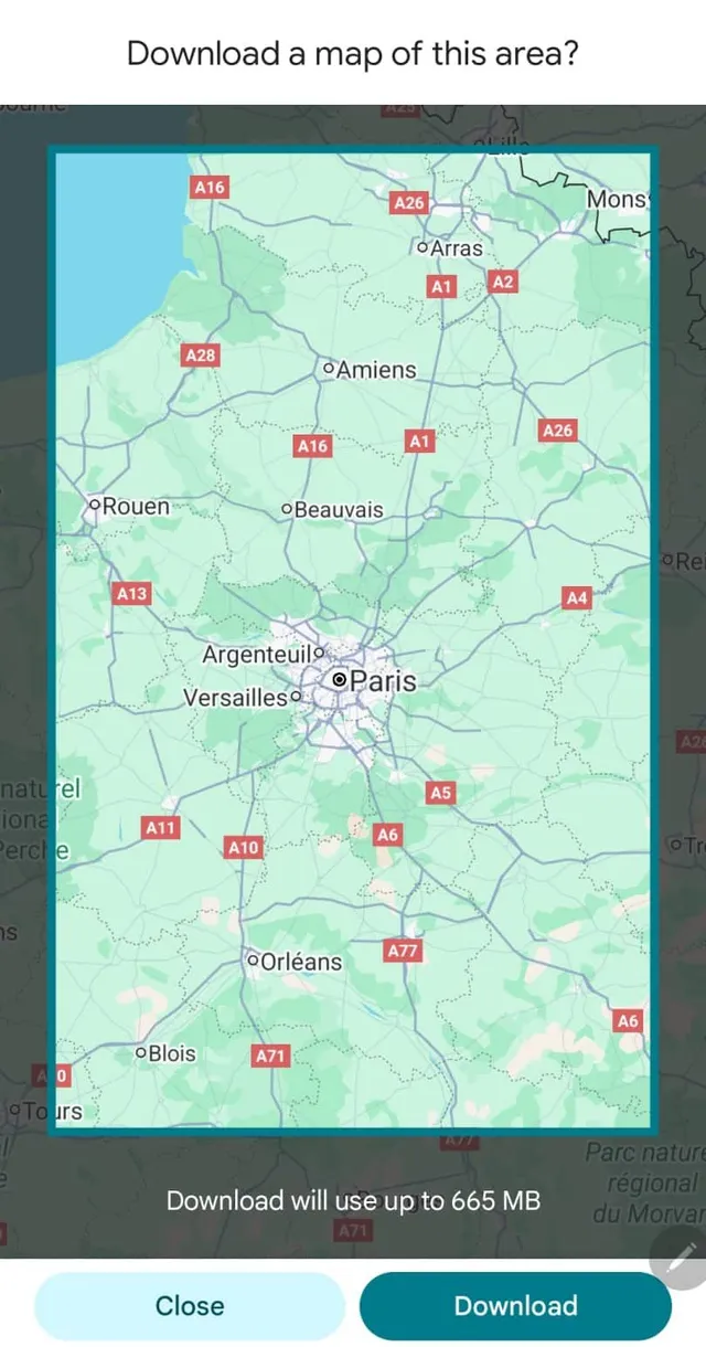 Výběr oblasti pro stažení offline map v Google Maps